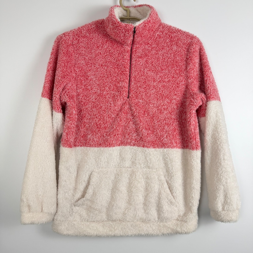 BTFBM Pink White Colorblock Sherpa Fleece Quarter Zip Pullover Sweater Large